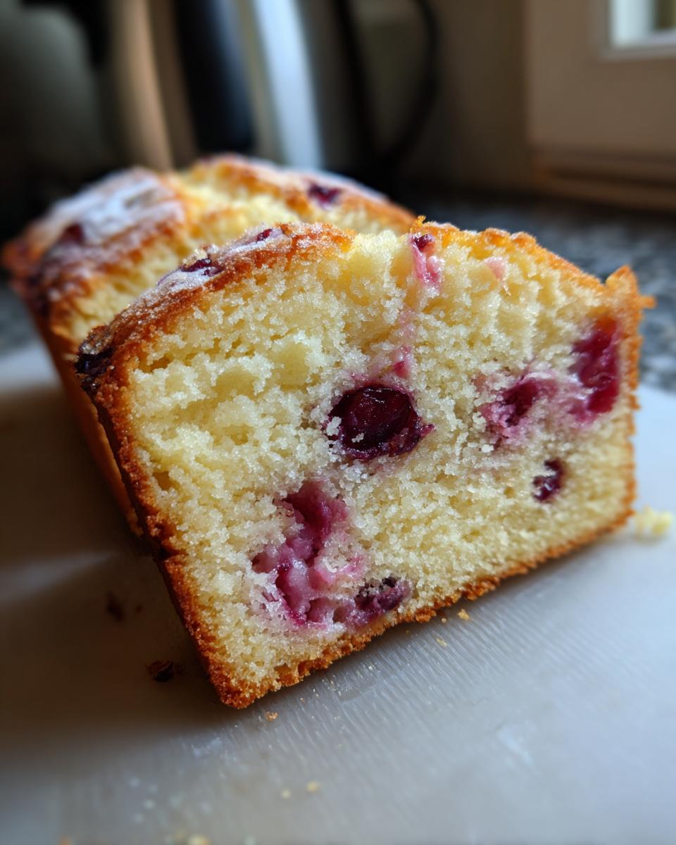 A close-up of a slice of Cherry Almond Ricotta Cake, showing the moist crumb and visible cherries.
