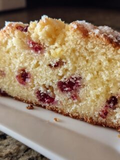 A close-up of a slice of Cherry Almond Ricotta Cake on a white plate, showing visible cherries and a crumbly texture.
