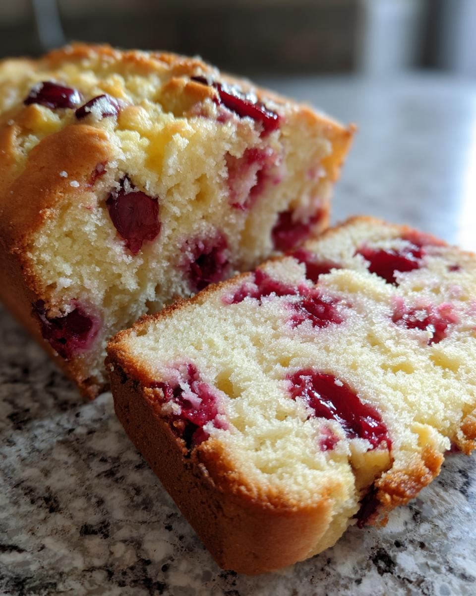A close-up of a slice of Cherry Almond Ricotta Cake, showing the moist crumb and vibrant red cherries.