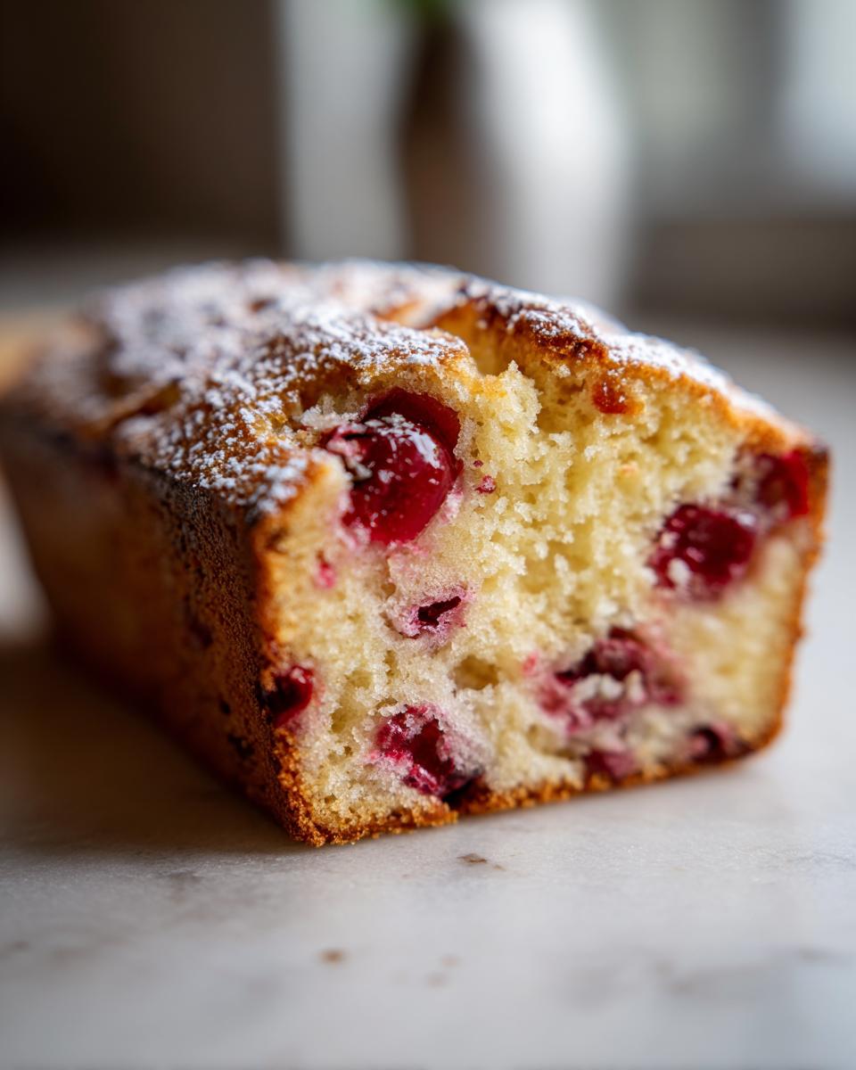 A close-up of a slice of Cherry Almond Ricotta Cake, dusted with powdered sugar and filled with bright red cherries.