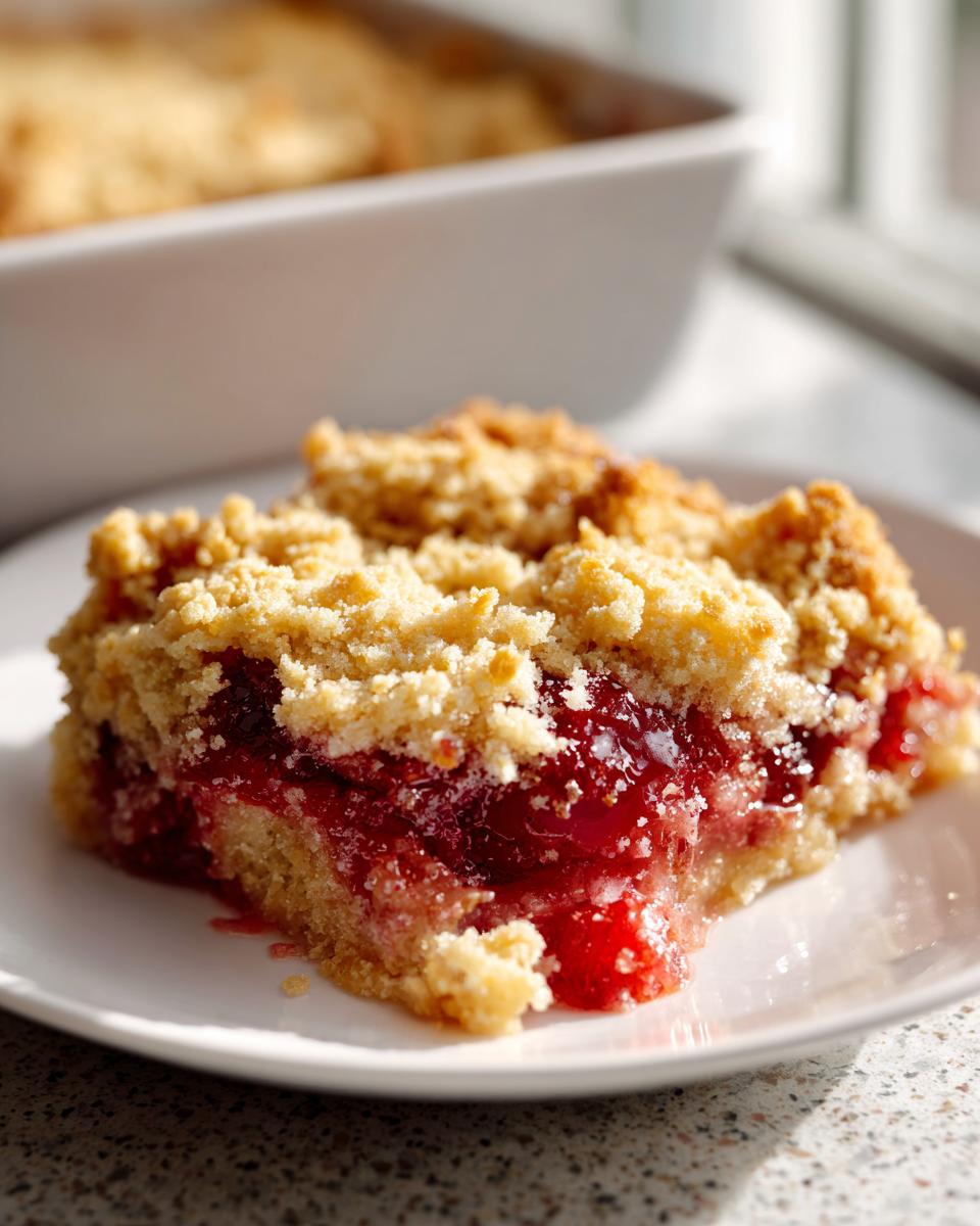A close-up of a slice of cherry dump cake on a white plate, showing the crumb topping and gooey cherry filling.