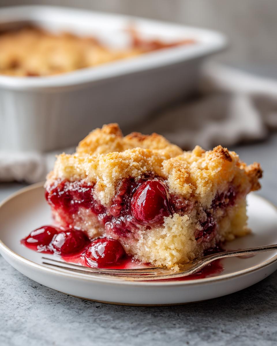 A close-up of a slice of cherry dump cake on a white plate with a fork, showcasing the gooey cherry filling and crumbly topping.