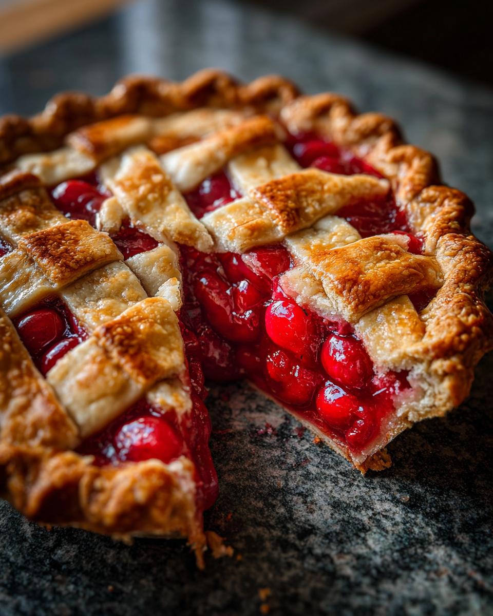 A slice of Cherry Pie With Flaky Crust, showing a lattice top and juicy cherry filling.