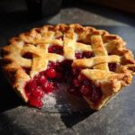 A close-up of a slice missing from a homemade Cherry Pie With Flaky Crust, showcasing the juicy red cherries and golden-brown lattice top.