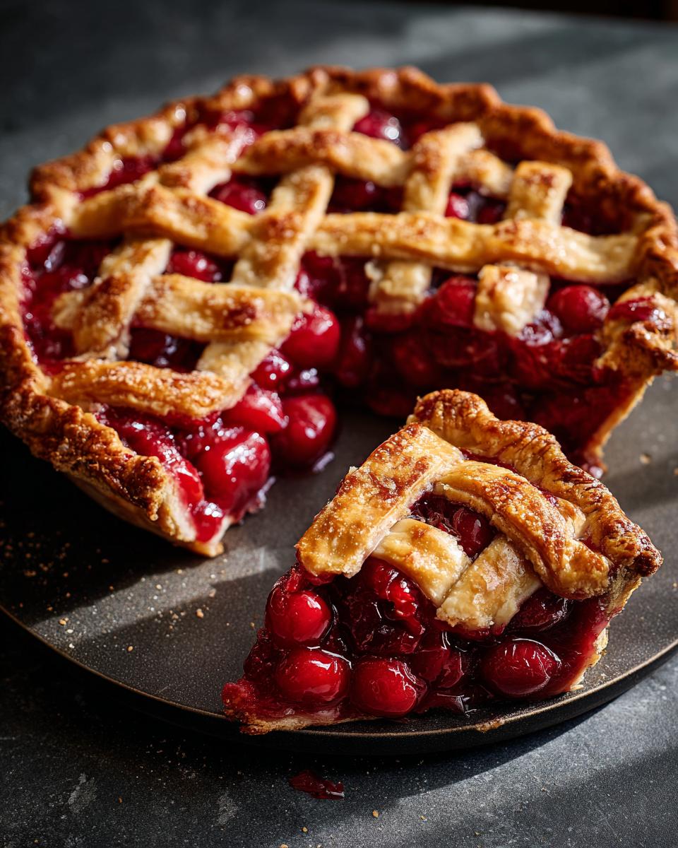 A slice of homemade Cherry Pie With Flaky Crust, showcasing a lattice top and abundant cherry filling.