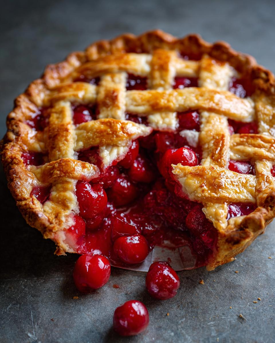 A close-up of a delicious cherry pie with a flaky lattice crust, showing juicy cherries spilling out.