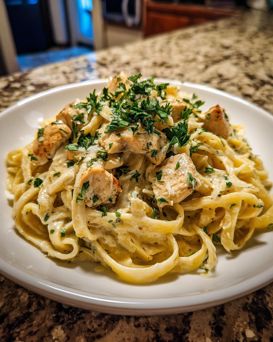 A close-up of creamy Chicken Alfredo Pasta topped with chopped parsley and Parmesan cheese.