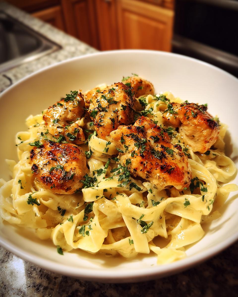 A close-up of creamy Chicken Alfredo Pasta topped with grilled chicken pieces and fresh parsley.