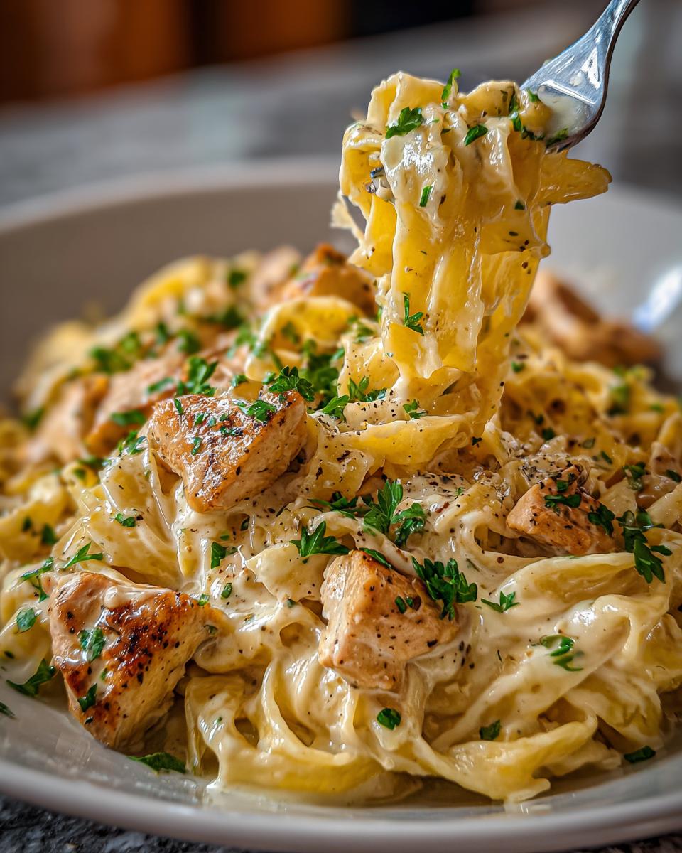 A fork lifts a generous portion of creamy Chicken Alfredo Pasta, garnished with fresh parsley and black pepper.