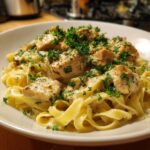 A close-up of creamy Chicken Alfredo Pasta, featuring fettuccine noodles, tender chicken pieces, and fresh parsley garnish.