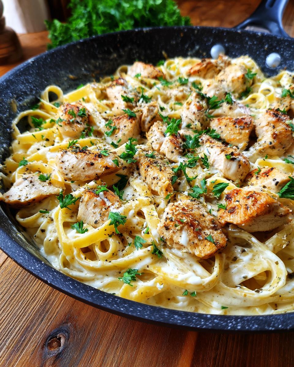 Close-up of a skillet filled with creamy Chicken Alfredo Pasta, garnished with fresh parsley.
