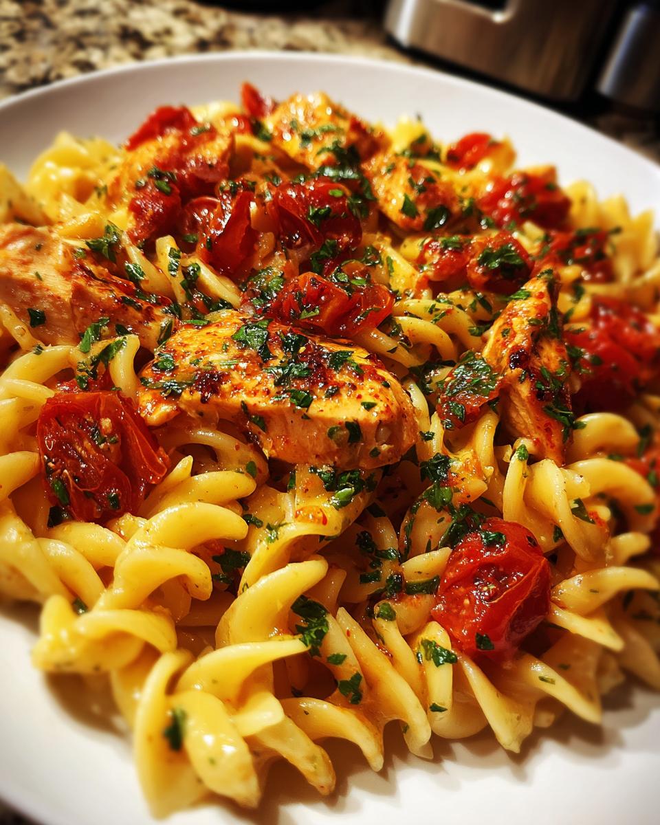 Close-up of a bowl of Chicken And Bacon Pasta with fusilli noodles, topped with chunks of chicken, cherry tomatoes, and parsley.