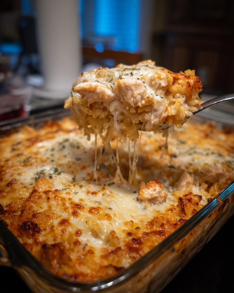 A spoonful of cheesy Chicken and Rice Casserole with melted cheese stretching.