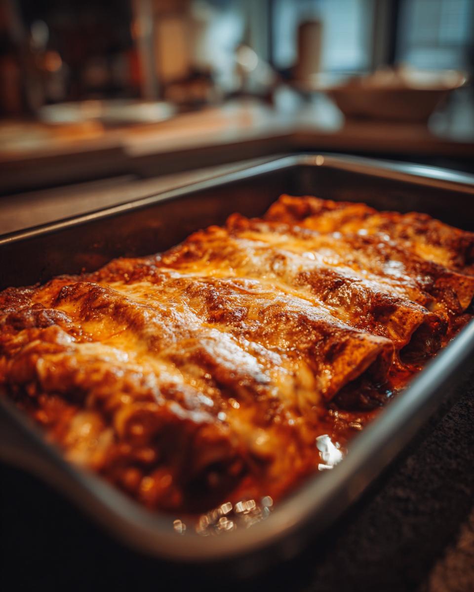 Close-up of baked Chicken Enchiladas in a baking dish, covered in melted golden cheese and red sauce.