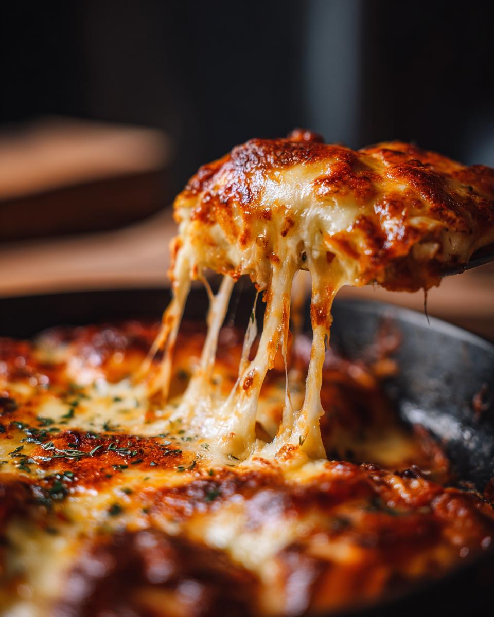 A scoop of cheesy chicken enchiladas being lifted from a pan, with melted cheese stretching.