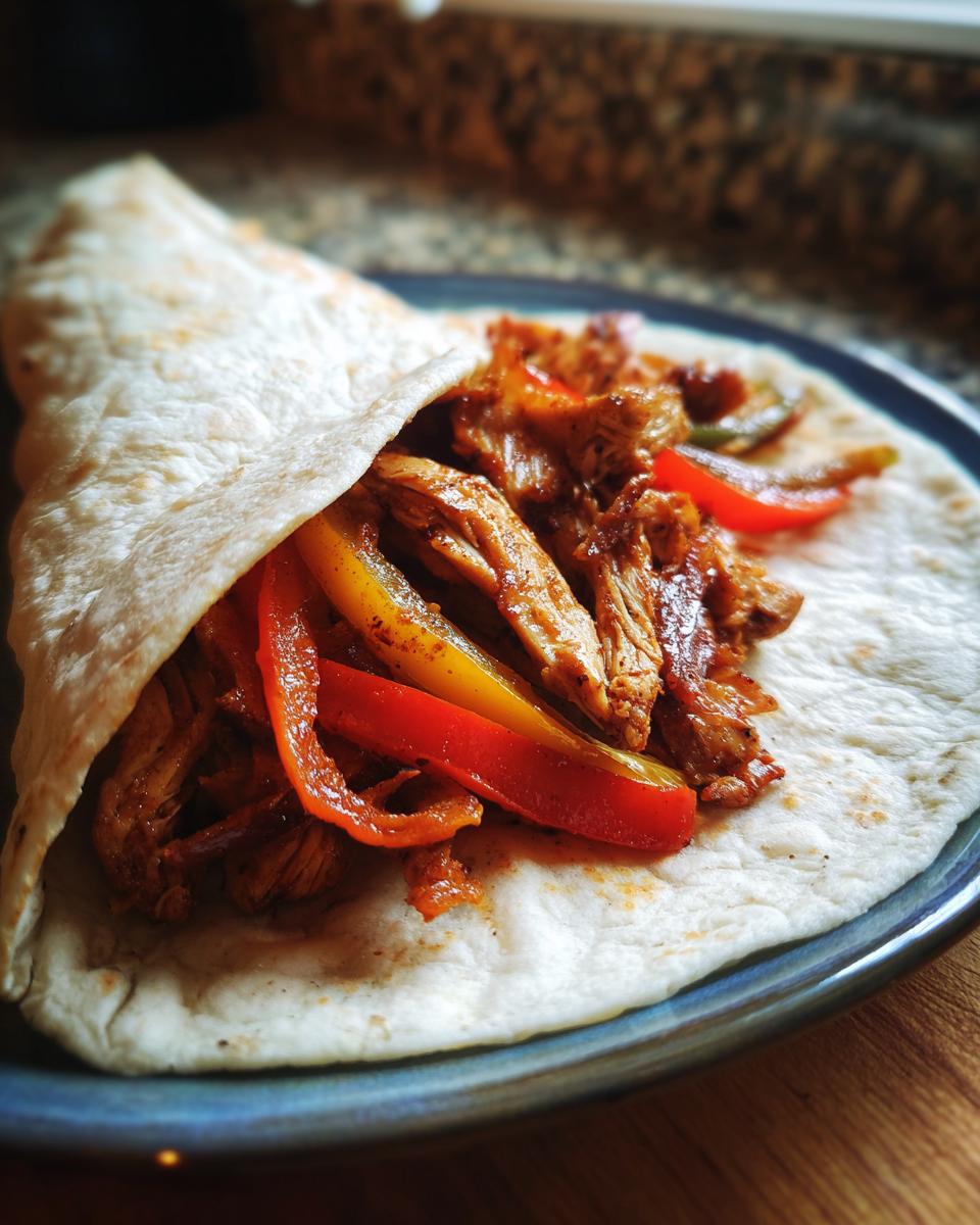 A close-up of delicious chicken fajitas with colorful bell peppers wrapped in a soft tortilla.