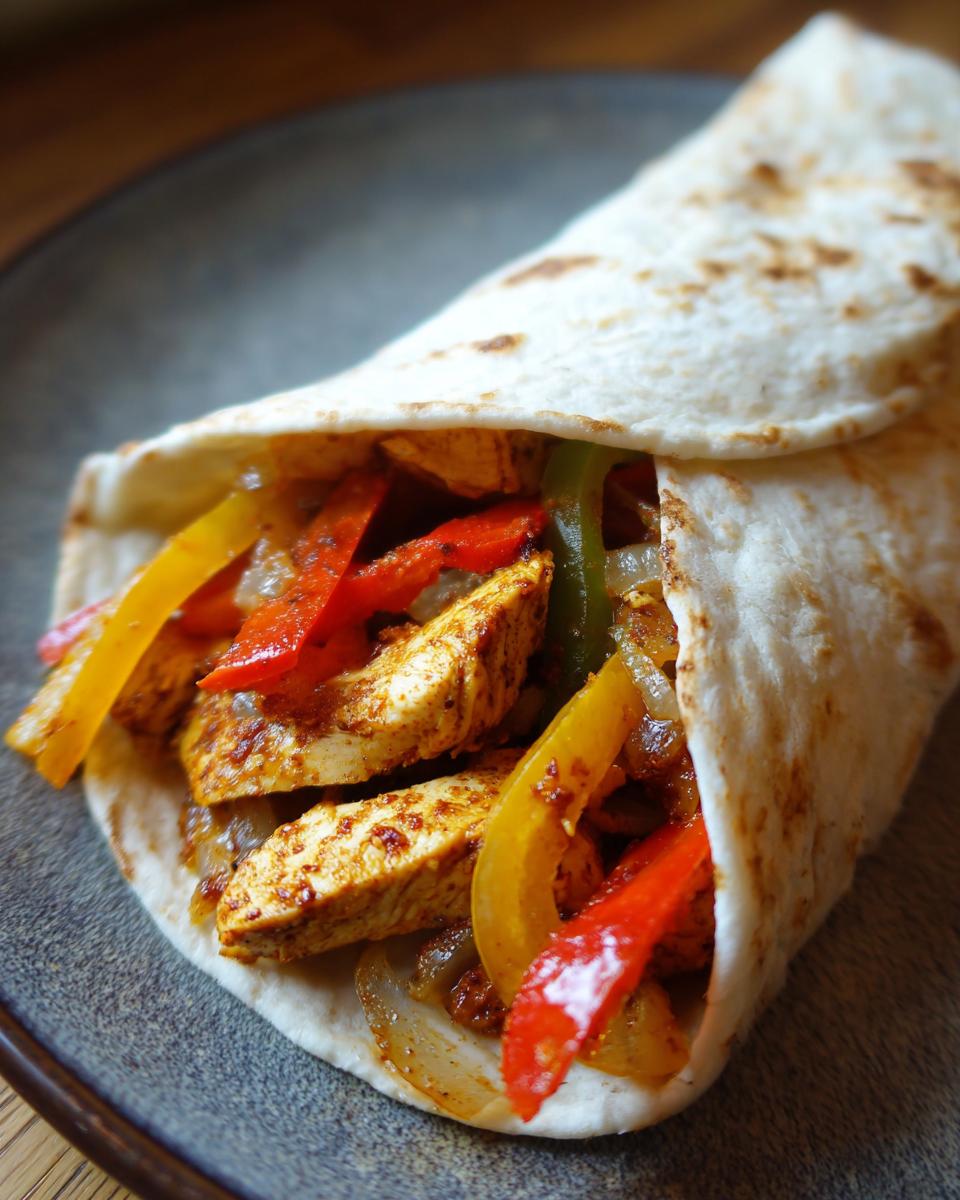 A close-up of a freshly made chicken fajitas wrap filled with seasoned chicken, bell peppers, and onions.