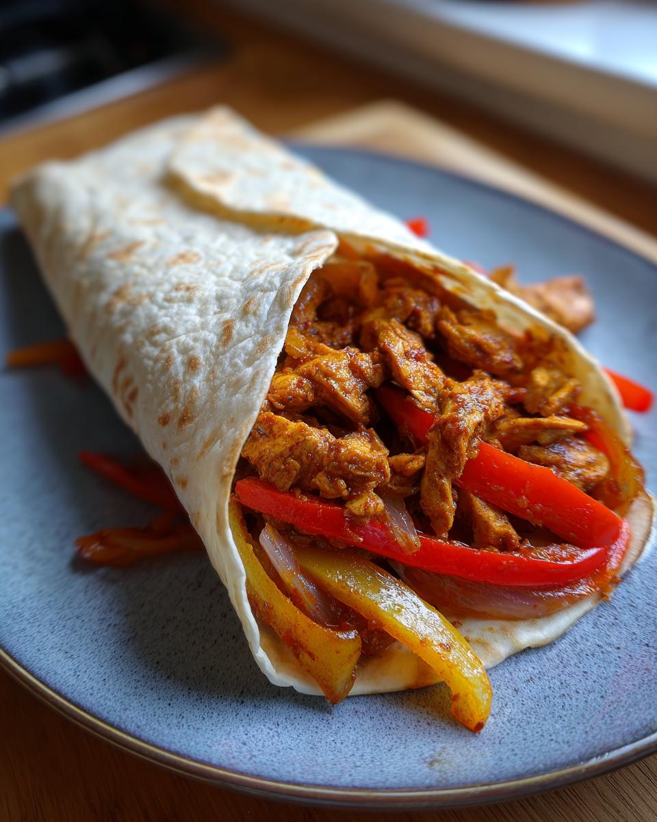 A close-up of a freshly made Chicken Fajitas wrap filled with seasoned chicken, bell peppers, and onions.
