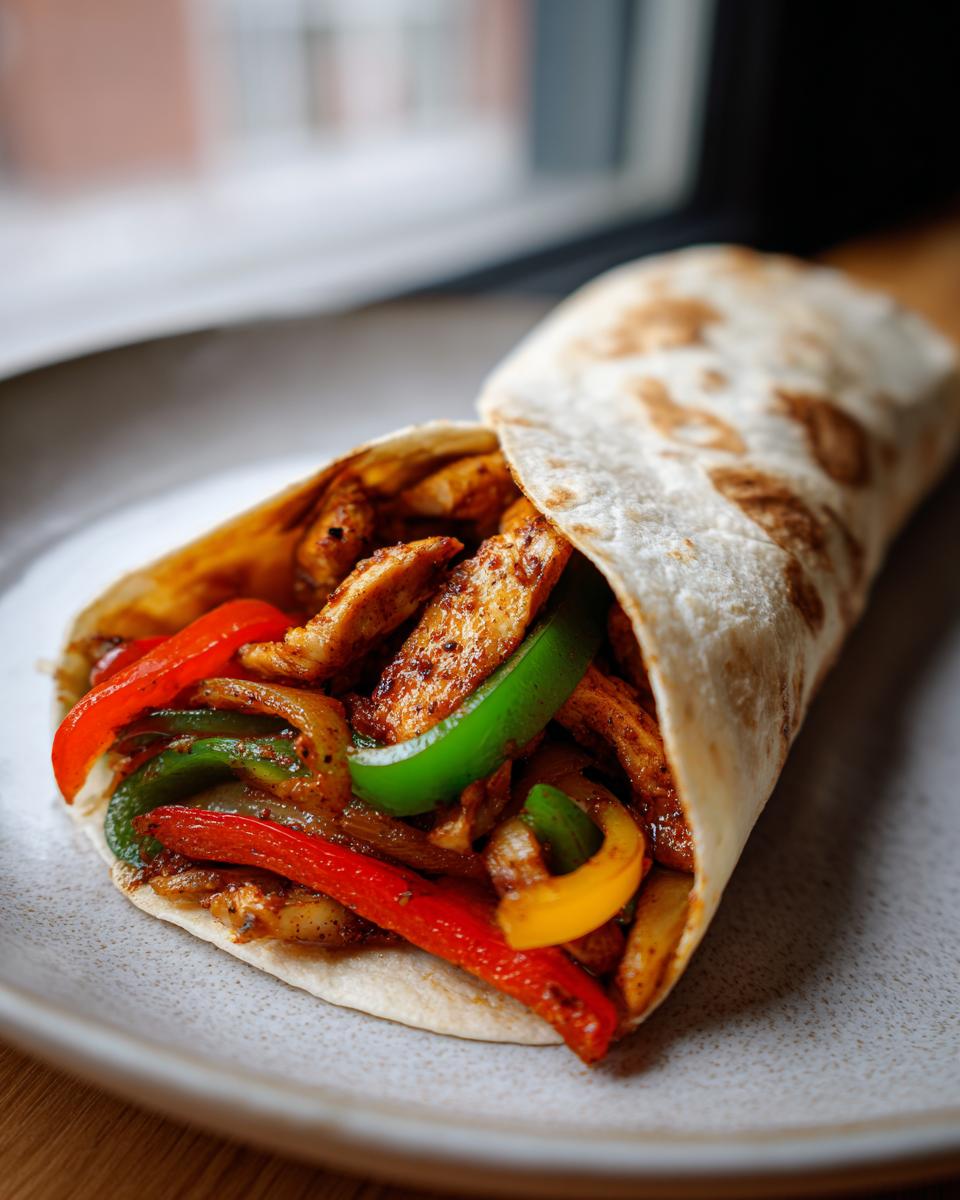 A close-up of a fully wrapped Chicken Fajitas with colorful bell peppers and seasoned chicken.