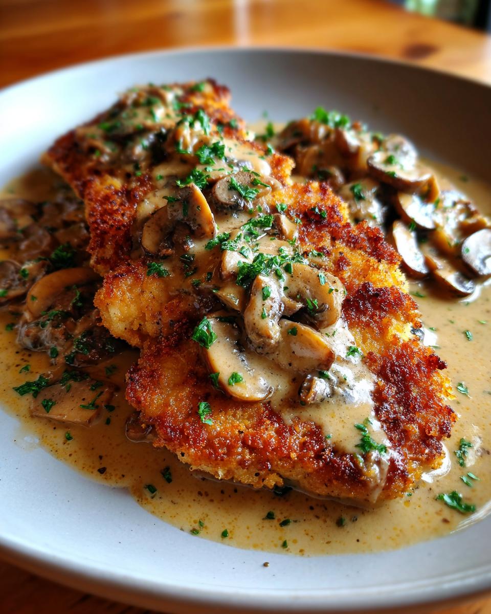 Close-up of breaded Chicken Marsala topped with a creamy mushroom Marsala sauce and fresh parsley.