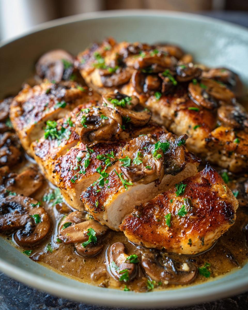 Close-up of tender Chicken Marsala topped with saut&eacute;ed mushrooms and fresh parsley.