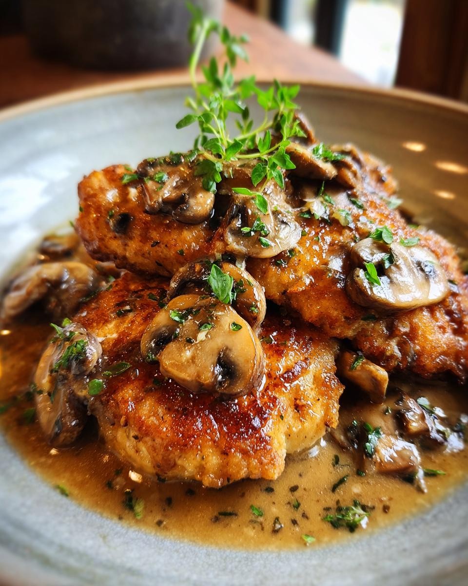 A close-up of golden-brown Chicken Marsala topped with sliced mushrooms and a rich sauce, garnished with fresh thyme.