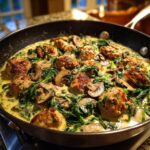 A close-up of Chicken Spinach and Mushroom in a creamy sauce, cooked in a skillet.