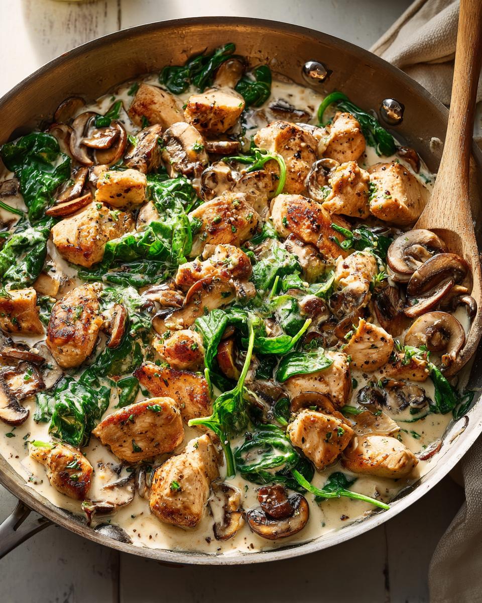 Close-up of Chicken Spinach and Mushroom in a creamy sauce in a skillet with a wooden spoon.