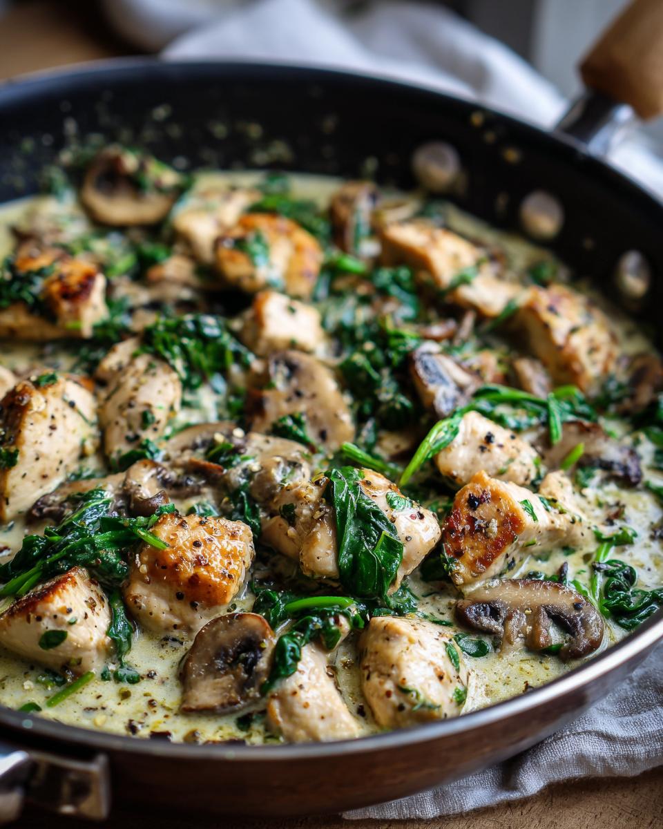 Close-up of Chicken Spinach and Mushroom in a creamy sauce in a skillet.