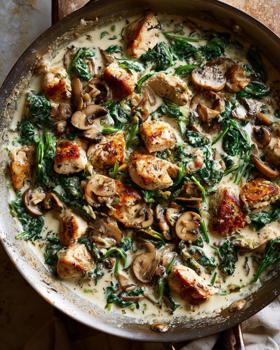 A close-up overhead view of a skillet filled with creamy Chicken Spinach and Mushroom.