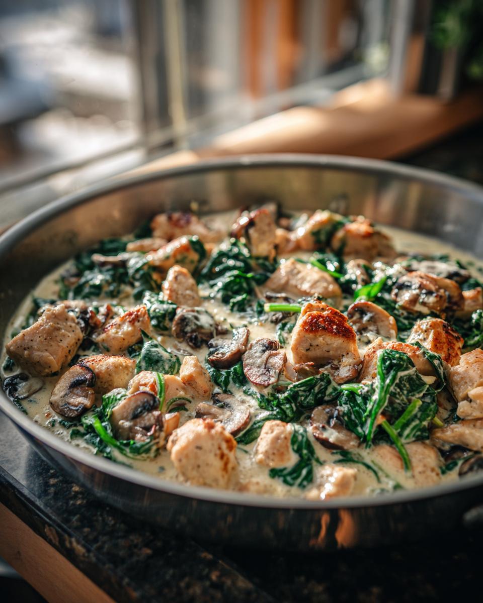 Close-up of Chicken Spinach And Mushroom cooked in a creamy sauce in a skillet.