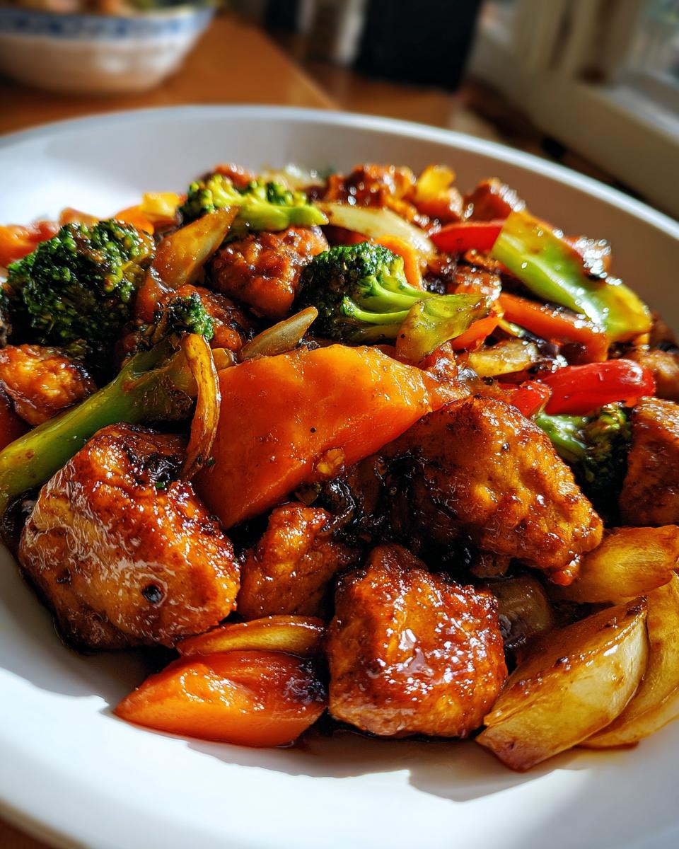 A close-up of a white bowl filled with glistening Chicken Stir Fry With Veggies, featuring broccoli, carrots, and chicken pieces.