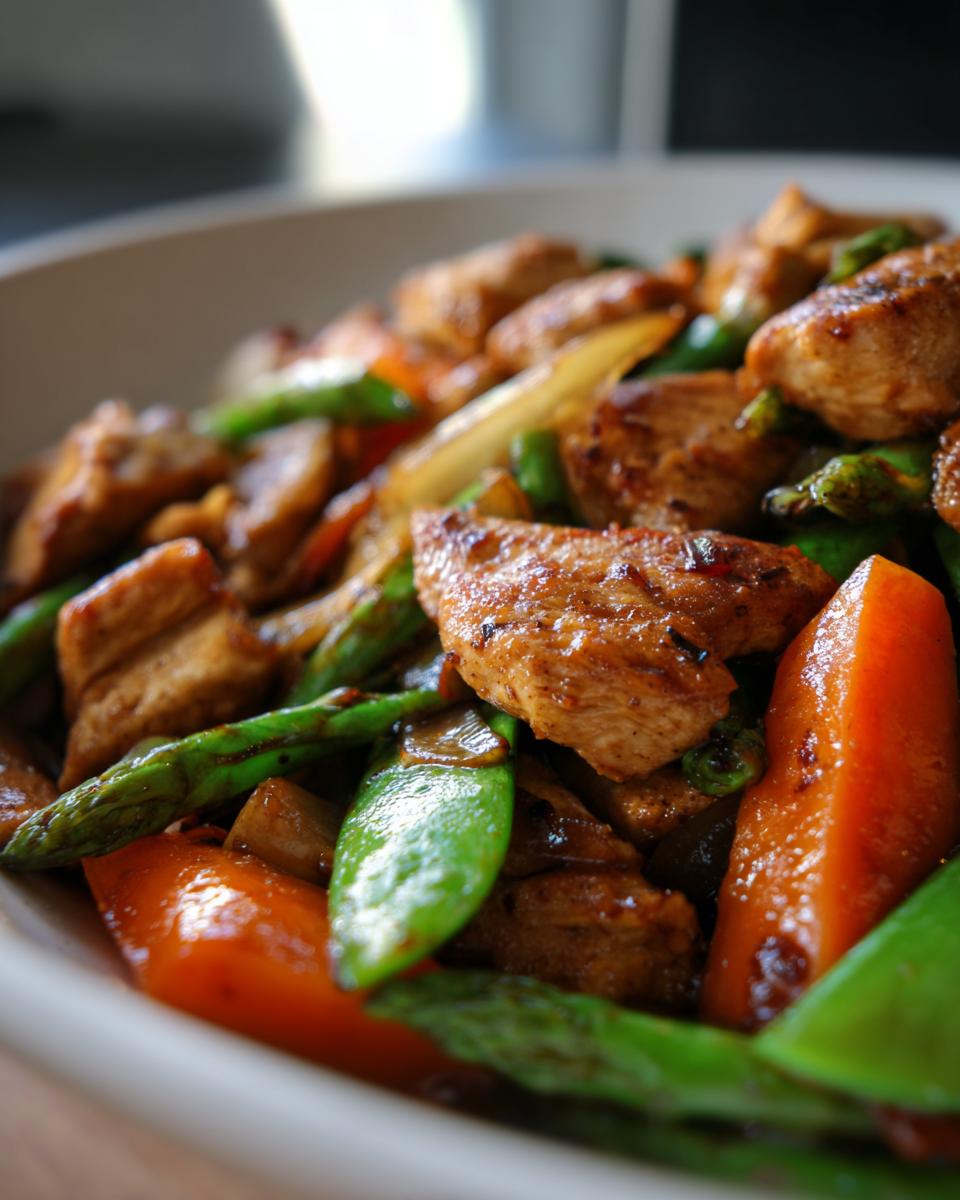 Close-up of a bowl of delicious Chicken Stir Fry With Veggies, featuring tender chicken pieces, vibrant snap peas, carrots, and bell peppers in a savory sauce.