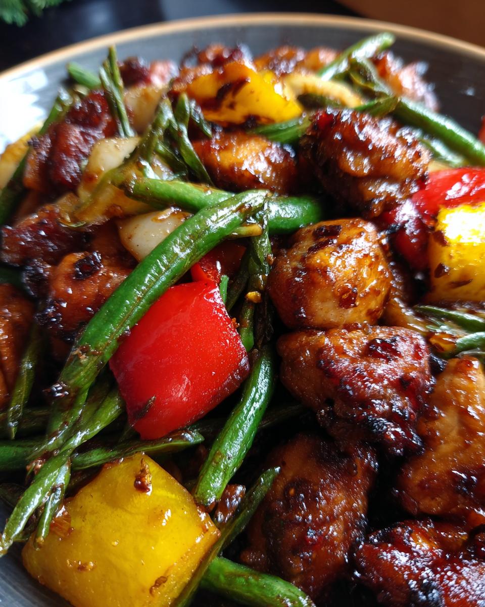 Close-up of delicious Chicken Stir Fry With Veggies, featuring tender chicken pieces, crisp green beans, and vibrant red and yellow bell peppers in a glossy sauce.