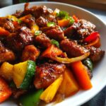 A close-up of appetizing Chicken Stir Fry With Veggies, featuring tender chicken pieces and colorful bell peppers, carrots, and zucchini in a glossy sauce.