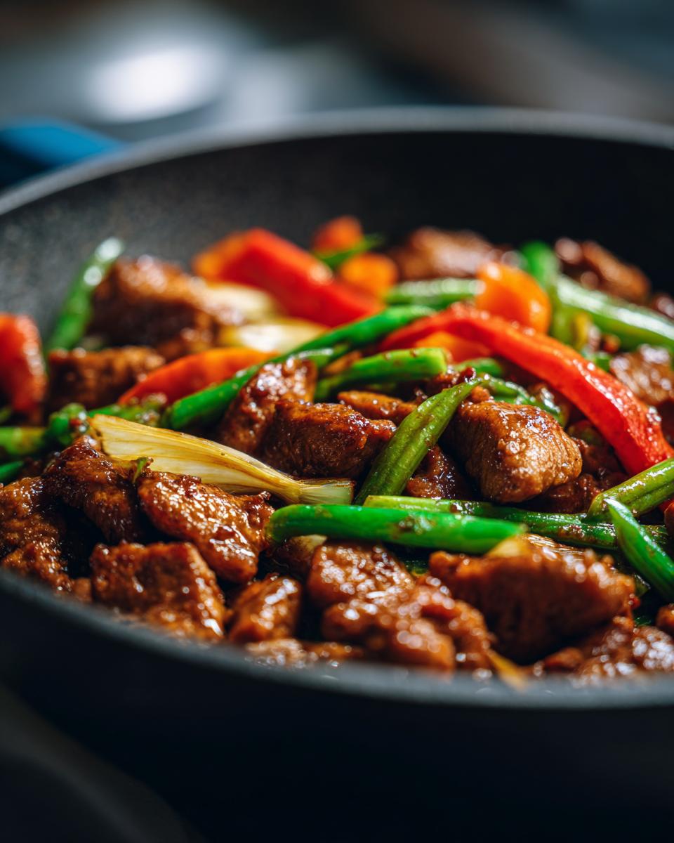 Close-up of delicious Chicken Stir Fry With Veggies cooking in a pan, featuring tender chicken pieces, green beans, and red bell peppers.