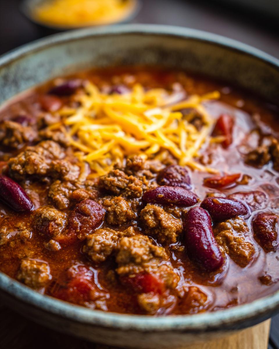 A close-up of a bowl of rich and hearty Chili Con Carne, topped with shredded cheese and kidney beans.