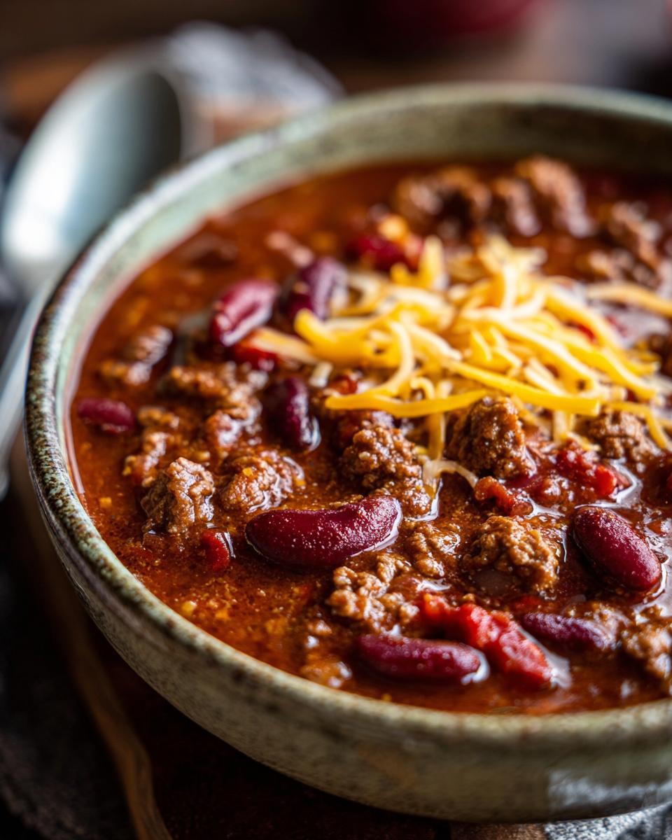 A close-up of a bowl of delicious Chili Con Carne, topped with shredded cheese and kidney beans.