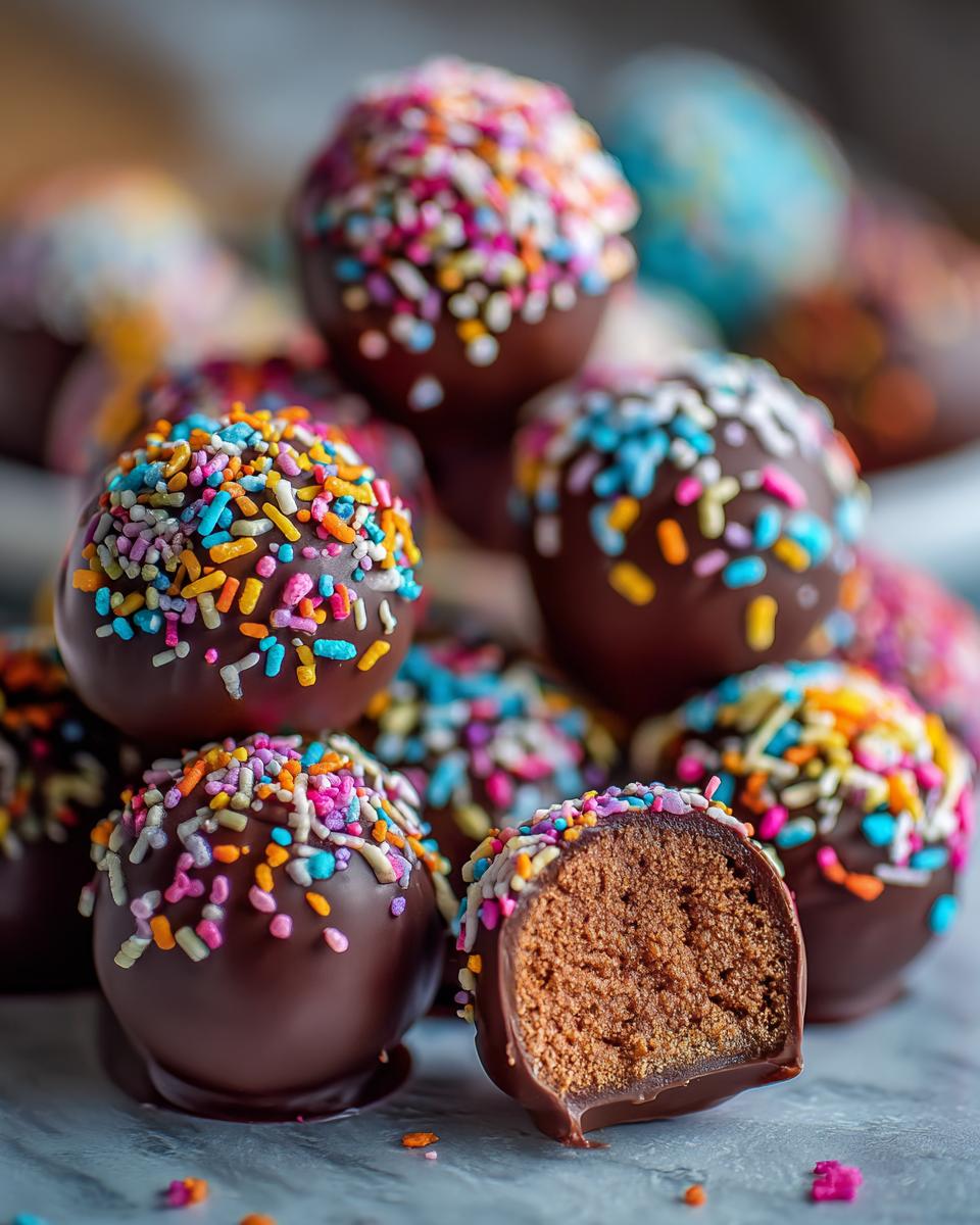 A pile of chocolate cake pops covered in colorful sprinkles, with one cake pop cut in half to show the moist interior.
