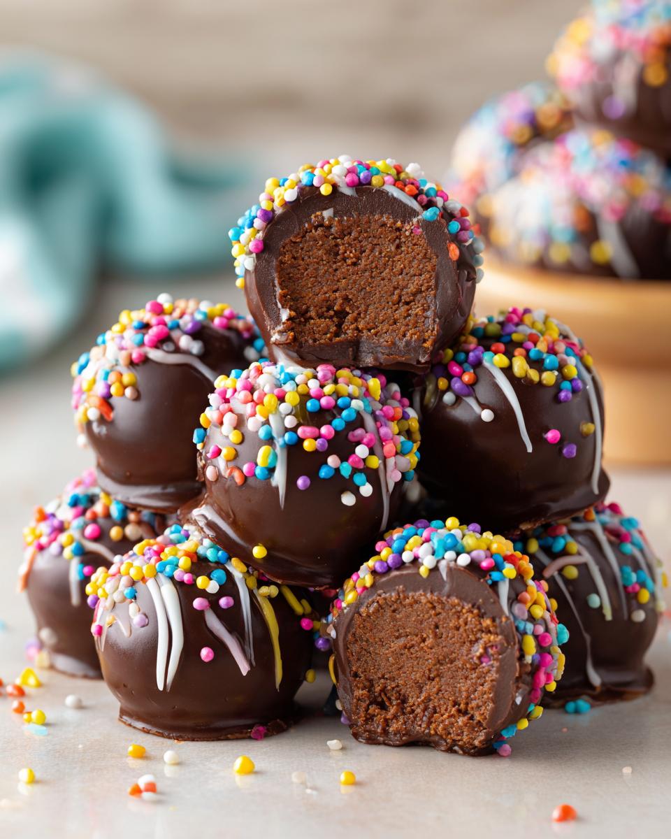 A stack of delicious chocolate cake pops, decorated with colorful sprinkles and white drizzle. One cake pop is cut in half to show the rich chocolate interior.