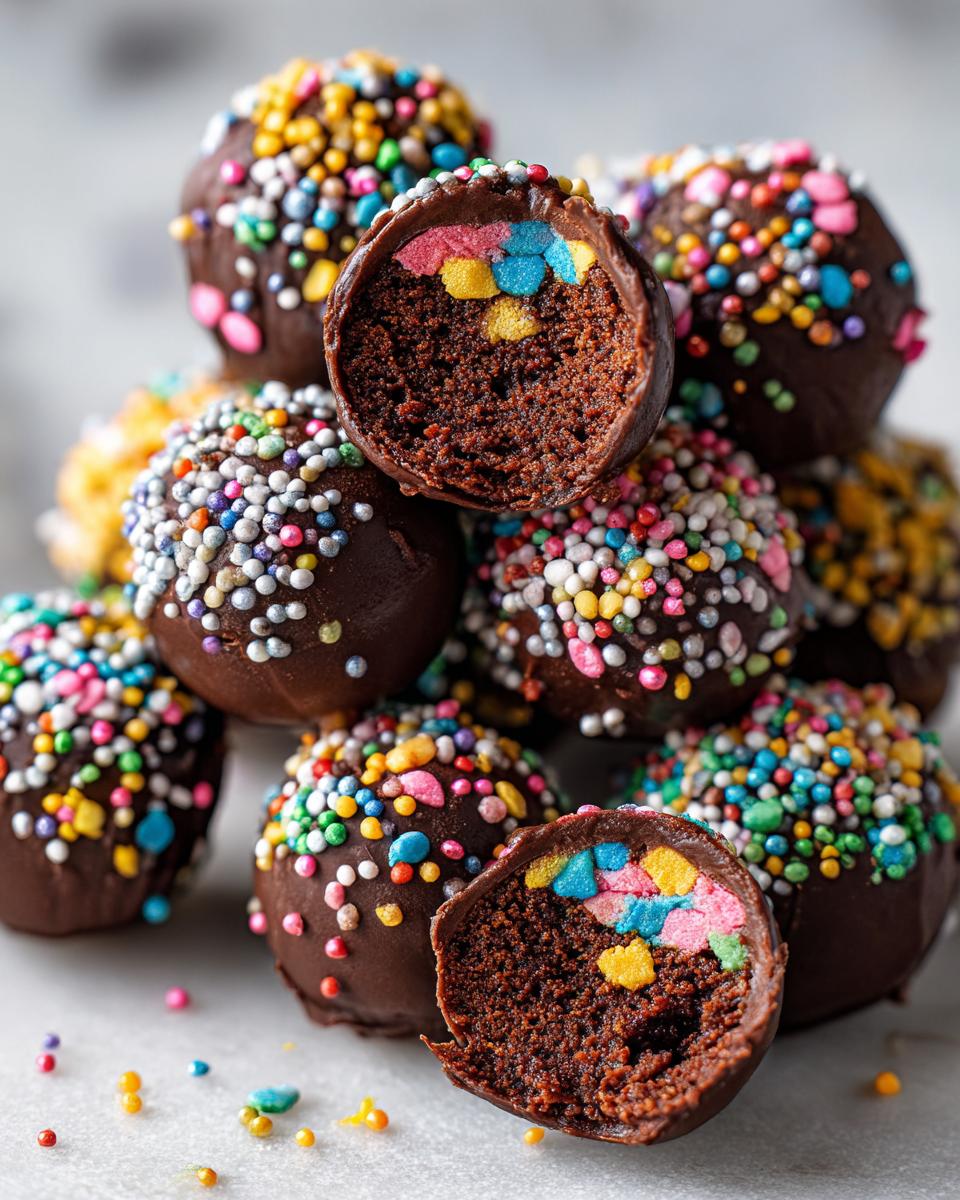 A close-up of a stack of chocolate cake pops, many covered in colorful sprinkles, with two cut in half revealing a rich chocolate interior with colorful candy pieces.