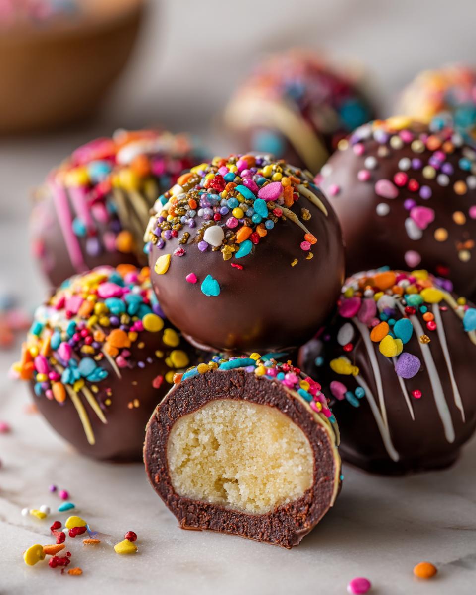 A pile of colorful chocolate cake pops, one cut in half to show the cake center, covered in sprinkles.