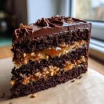 A decadent slice of Chocolate Caramel Toffee Cake with rich chocolate layers, gooey caramel, and crunchy toffee pieces.