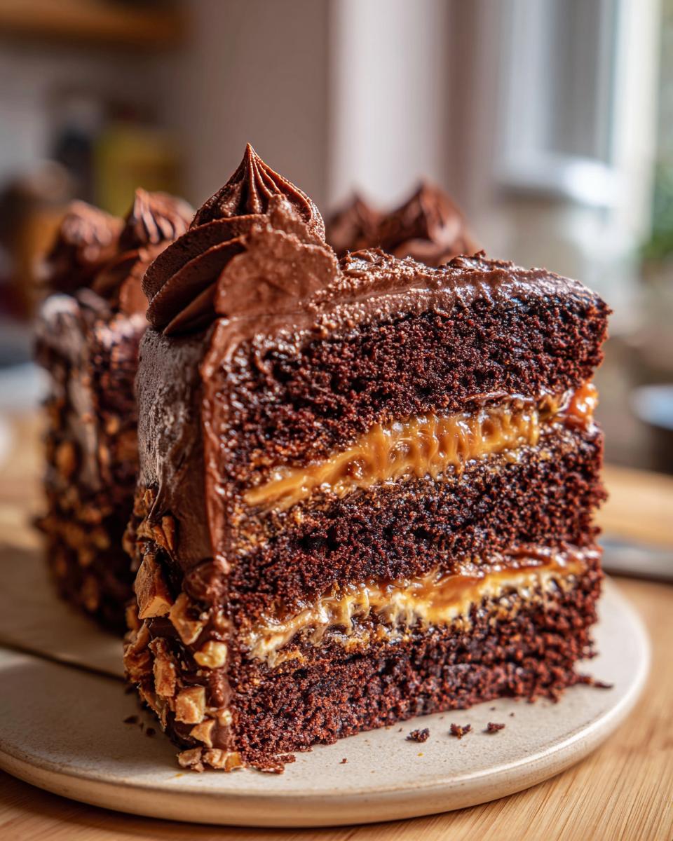 A decadent slice of Chocolate Caramel Toffee Cake, showcasing layers of rich chocolate cake, gooey caramel, and crunchy toffee bits.
