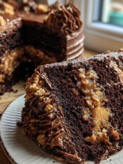 A decadent slice of Chocolate Caramel Toffee Cake, showcasing rich chocolate layers filled with gooey caramel and toffee pieces.