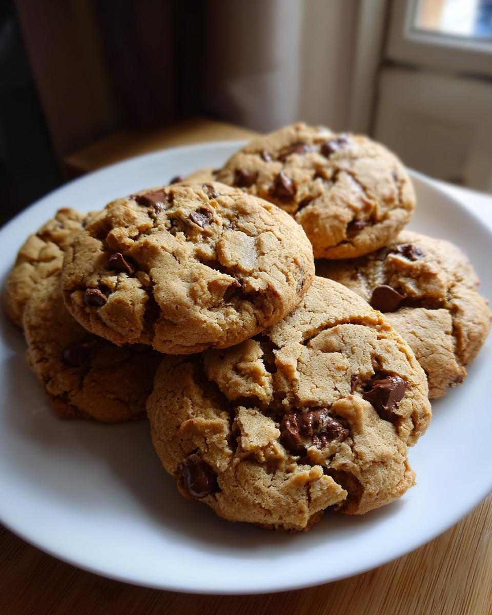 A pile of freshly baked Chocolate Chip Tahini Cookies on a white plate, showcasing melted chocolate chips.