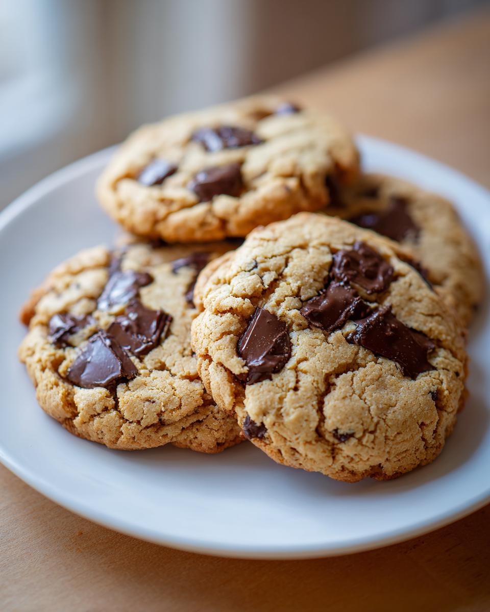 A close-up of several delicious Chocolate Chip Tahini Cookies on a white plate, with visible chocolate chunks.