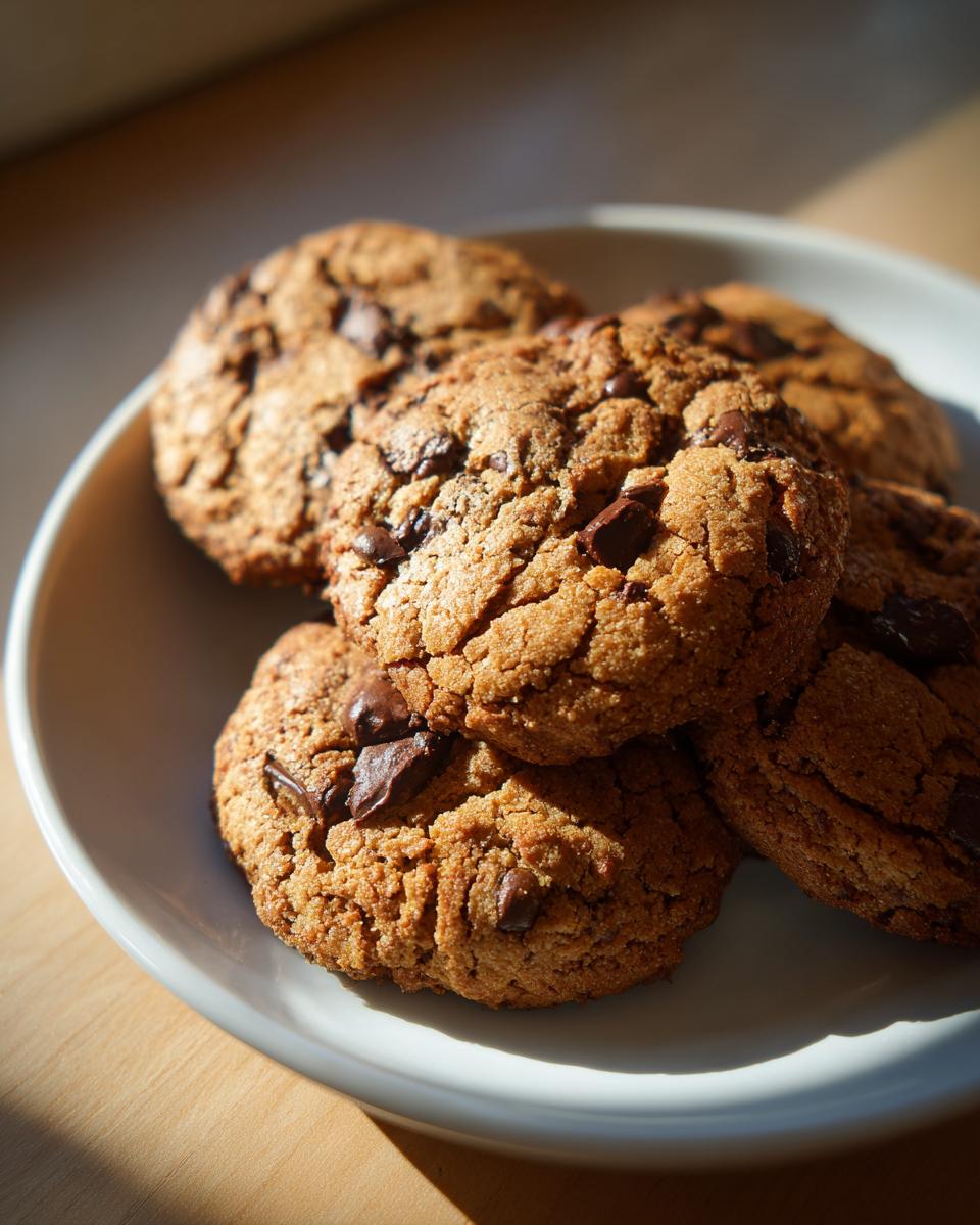 A close-up of several delicious Chocolate Chip Tahini Cookies piled on a white plate, with visible chocolate chunks.