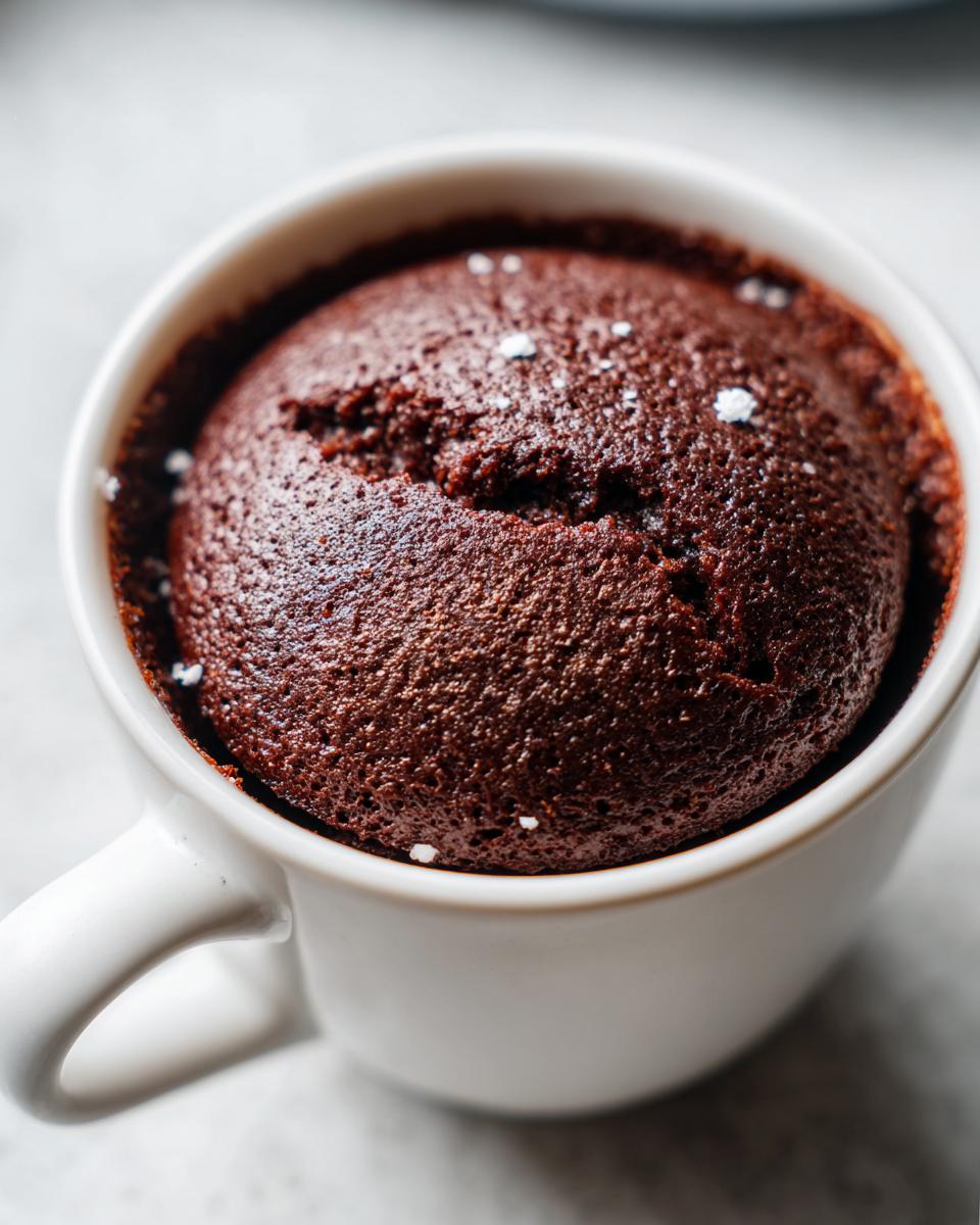 Close-up of a rich chocolate mug cake baked in a white mug, sprinkled with white sugar.