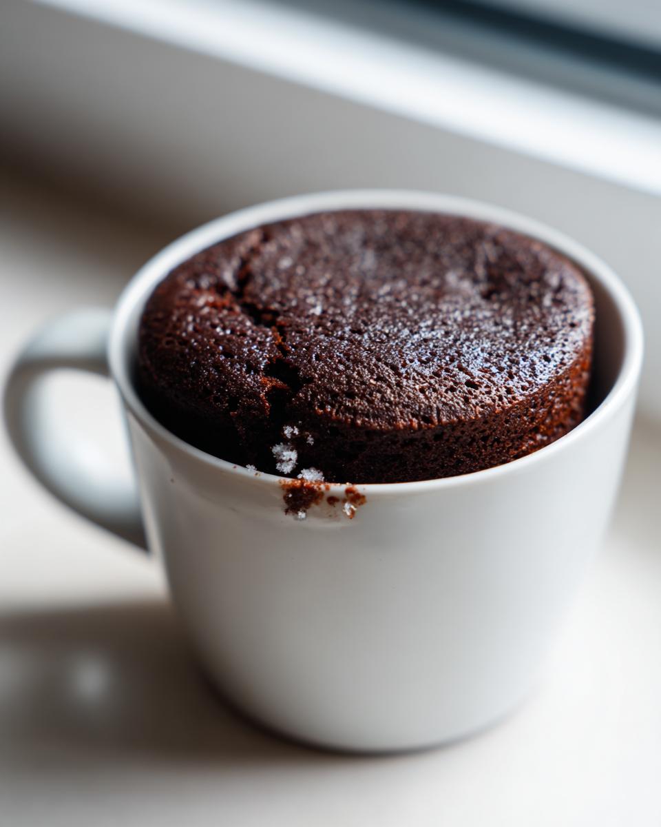 A freshly baked chocolate mug cake in a white mug, ready to be enjoyed.
